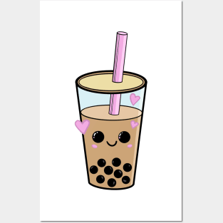 Kawaii face boba milk tea/bubble tea with hearts Posters and Art